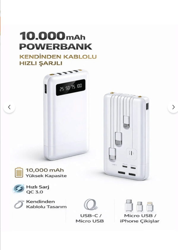 10.000'MAH Kendinden Kablolu ve Şarj Göstergeli Beyaz Taşınabilir Powerbank Yüksek Kalite Kücük ve Hafif